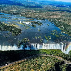 Aerial view of Victoria Falls and the Zambezi River from a helicopter