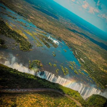 Victoria Falls and the upper Zambezi River seen from a helicopter