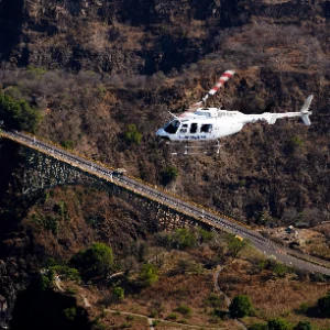 Helicopter flying above the landscape near Batoka Gorge in Victoria Falls